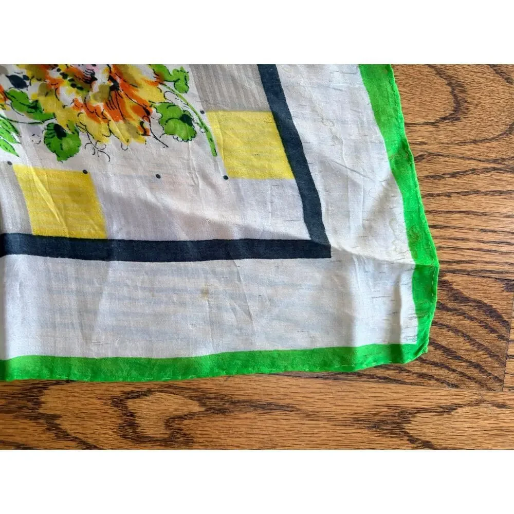 Vintage 100% Silk Floral Scarf Green Border Square 31” Cottagecore